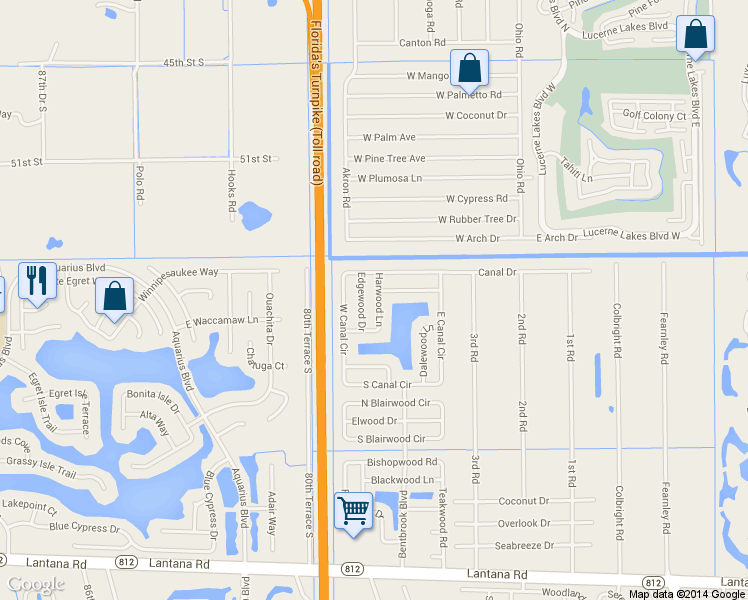 map of restaurants, bars, coffee shops, grocery stores, and more near 7798 Ashwood Lane in Lake Worth