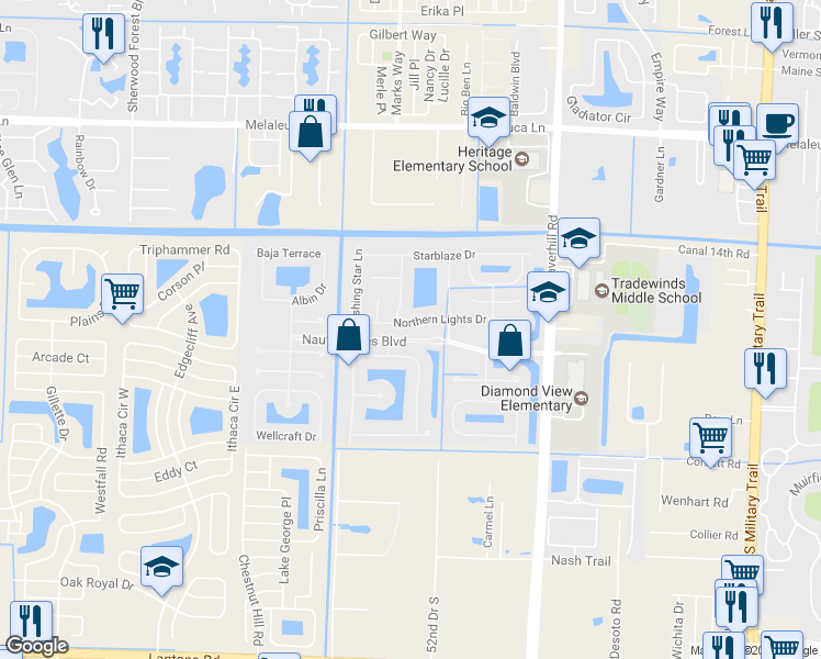 map of restaurants, bars, coffee shops, grocery stores, and more near 5068 Northern Lights Drive in Greenacres