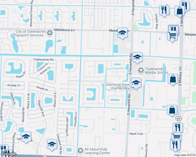 map of restaurants, bars, coffee shops, grocery stores, and more near 5054 Northern Lights Drive in Greenacres