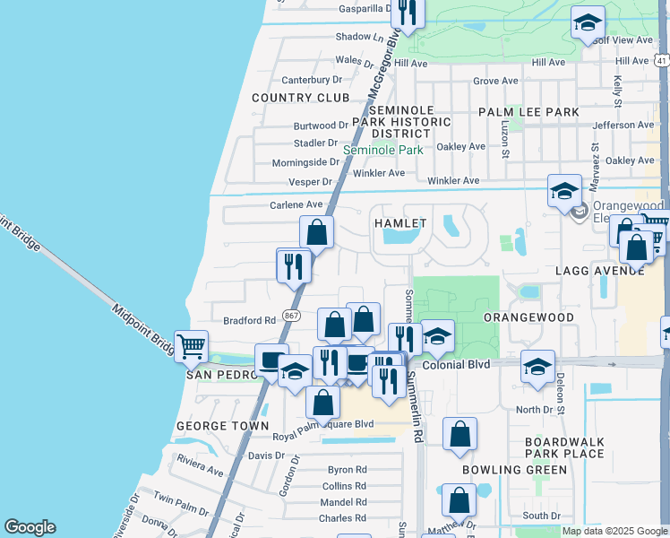 map of restaurants, bars, coffee shops, grocery stores, and more near 1438 Park Shore Circle in Fort Myers