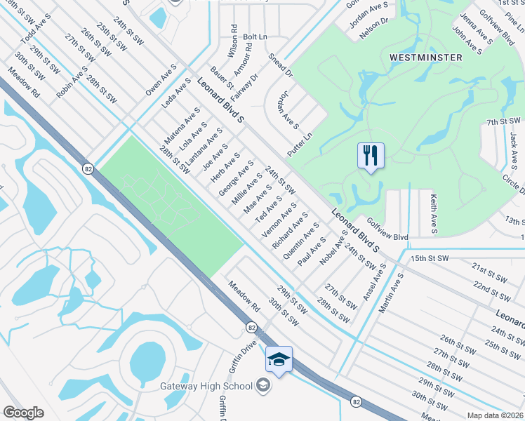 map of restaurants, bars, coffee shops, grocery stores, and more near 2424 Ted Avenue South in Lehigh Acres