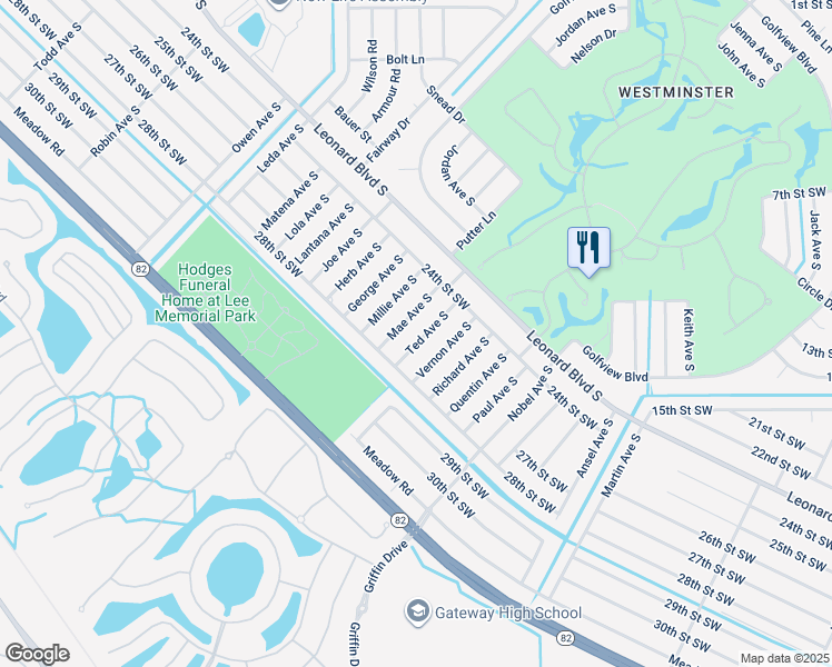 map of restaurants, bars, coffee shops, grocery stores, and more near 2424 Ted Avenue South in Lehigh Acres