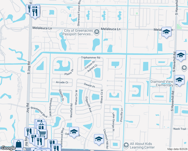 map of restaurants, bars, coffee shops, grocery stores, and more near 5200 Edgecliff Avenue in Lake Worth