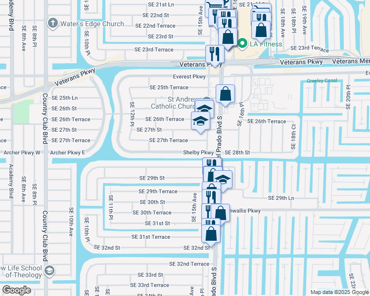 map of restaurants, bars, coffee shops, grocery stores, and more near 107 Shelby Parkway in Cape Coral