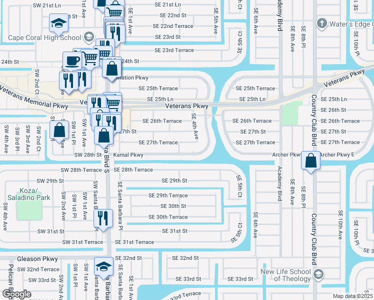 map of restaurants, bars, coffee shops, grocery stores, and more near 309 Kamal Parkway in Cape Coral