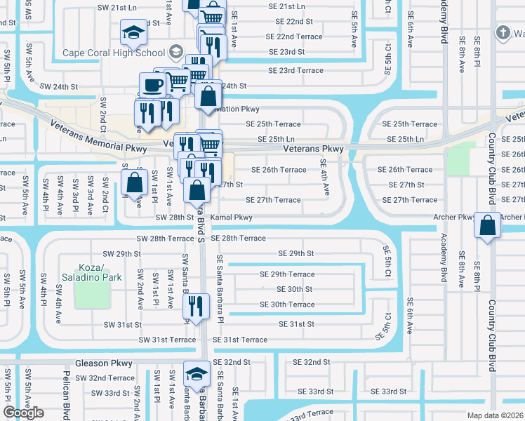 map of restaurants, bars, coffee shops, grocery stores, and more near 157 Kamal Parkway in Cape Coral