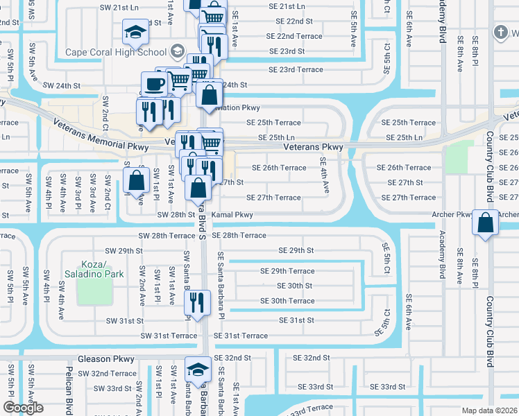 map of restaurants, bars, coffee shops, grocery stores, and more near 157 Kamal Parkway in Cape Coral