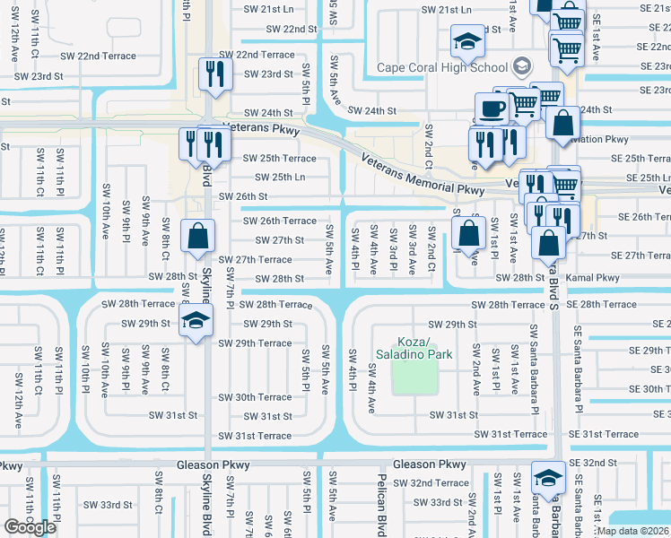 map of restaurants, bars, coffee shops, grocery stores, and more near 508 Southwest 27th Terrace in Cape Coral