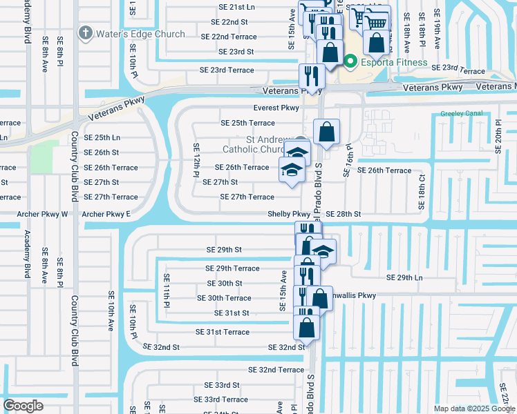 map of restaurants, bars, coffee shops, grocery stores, and more near 107 Shelby Parkway in Cape Coral