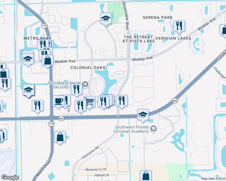 map of restaurants, bars, coffee shops, grocery stores, and more near 4281 Bellasol Circle in Fort Myers