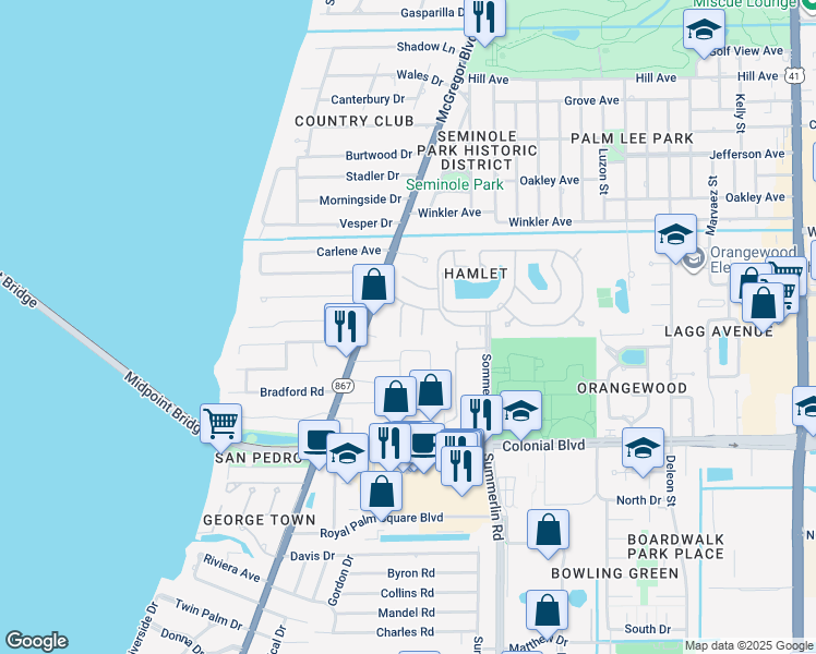 map of restaurants, bars, coffee shops, grocery stores, and more near 1446 Park Shore Circle in Fort Myers