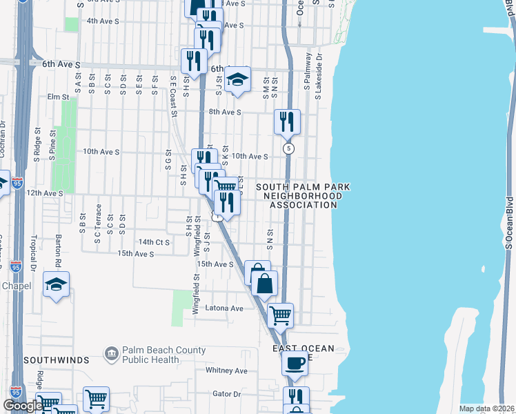 map of restaurants, bars, coffee shops, grocery stores, and more near 1205 South N Street in Lake Worth