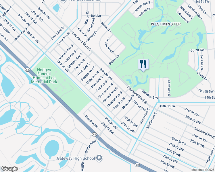map of restaurants, bars, coffee shops, grocery stores, and more near 2412 Vernon Avenue South in Lehigh Acres