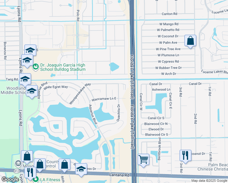 map of restaurants, bars, coffee shops, grocery stores, and more near 5084 Candlewood Court in Lake Worth