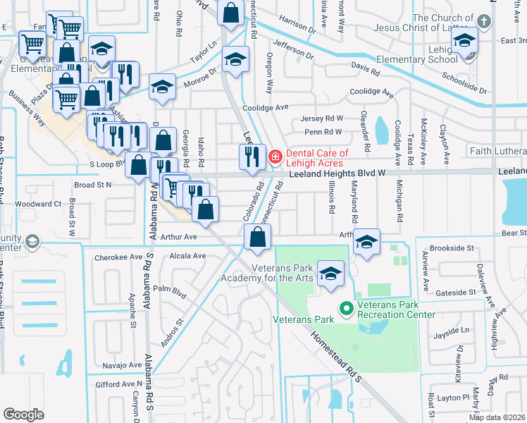 map of restaurants, bars, coffee shops, grocery stores, and more near 13 Connecticut Road in Lehigh Acres