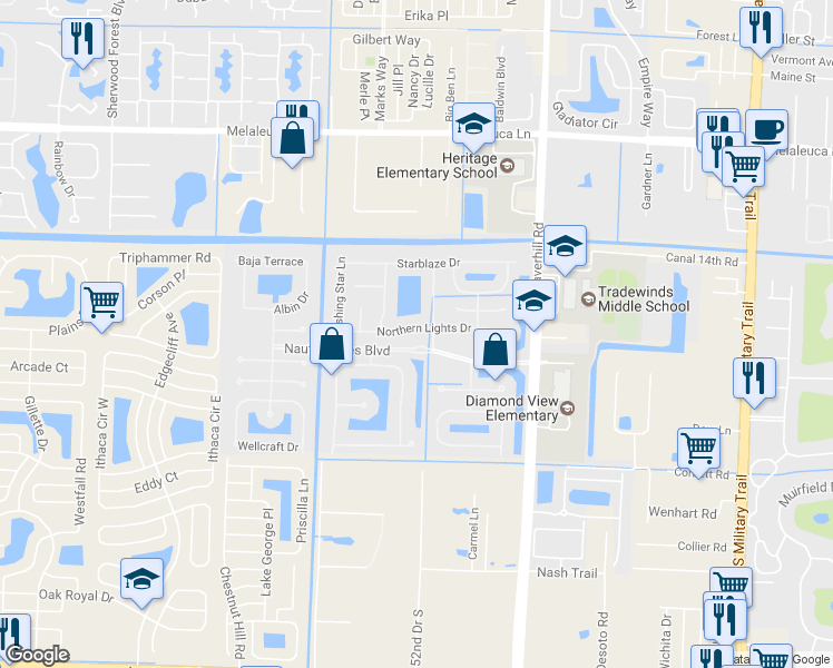 map of restaurants, bars, coffee shops, grocery stores, and more near 5054 Northern Lights Drive in Greenacres