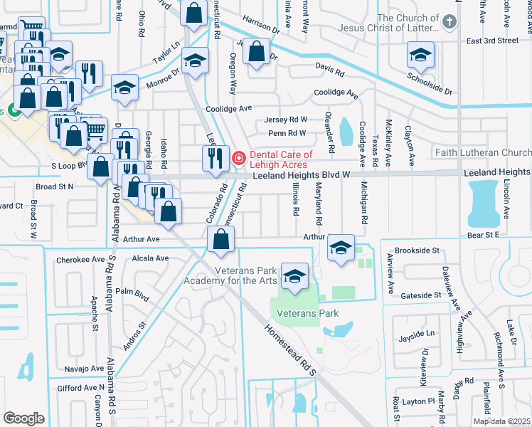map of restaurants, bars, coffee shops, grocery stores, and more near 19 Louisiana Road in Lehigh Acres