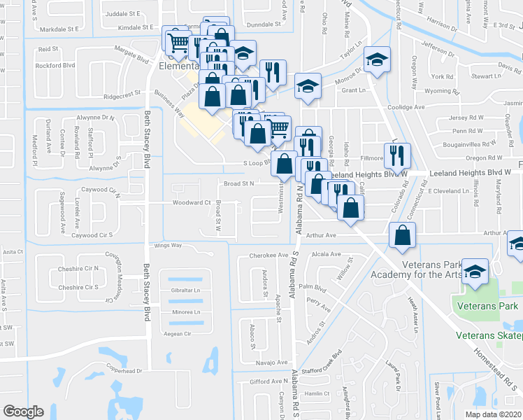 map of restaurants, bars, coffee shops, grocery stores, and more near 1116 Wesley Street in Lehigh Acres