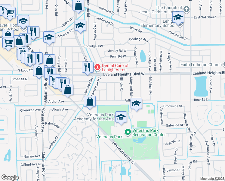 map of restaurants, bars, coffee shops, grocery stores, and more near 19 Louisiana Road in Lehigh Acres