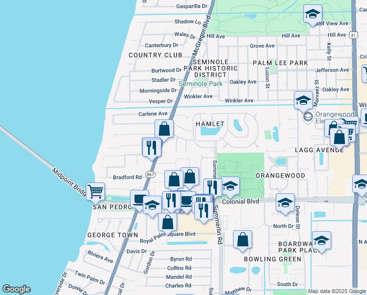 map of restaurants, bars, coffee shops, grocery stores, and more near 1450 Park Shore Circle in Fort Myers