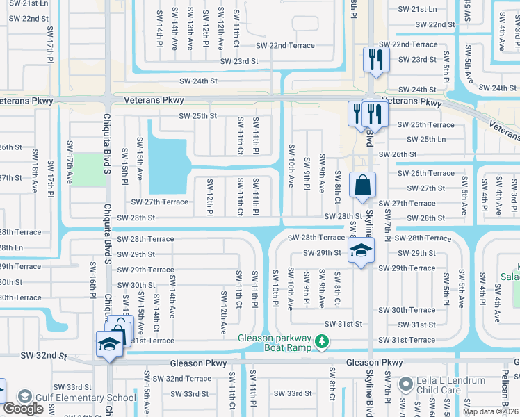 map of restaurants, bars, coffee shops, grocery stores, and more near 2733 Southwest 11th Place in Cape Coral