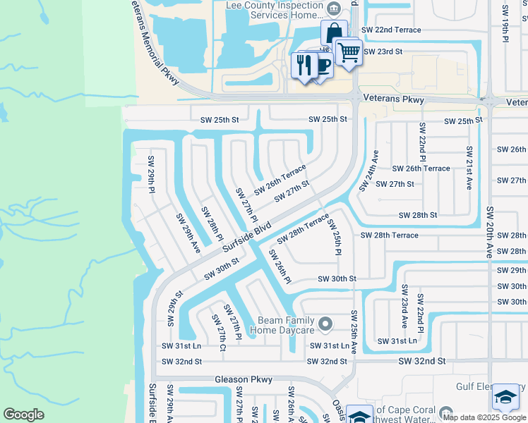 map of restaurants, bars, coffee shops, grocery stores, and more near 2702 Southwest 27th Street in Cape Coral