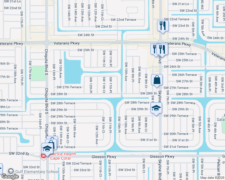 map of restaurants, bars, coffee shops, grocery stores, and more near 2733 Southwest 11th Place in Cape Coral