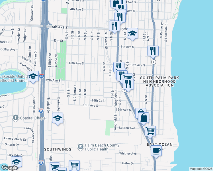 map of restaurants, bars, coffee shops, grocery stores, and more near 1006 12th Court South in Lake Worth