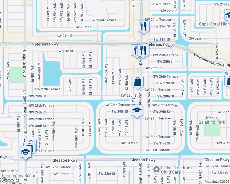 map of restaurants, bars, coffee shops, grocery stores, and more near 2719 Southwest 9th Place in Cape Coral