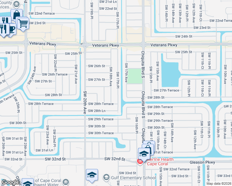 map of restaurants, bars, coffee shops, grocery stores, and more near 2728 Southwest 17th Place in Cape Coral