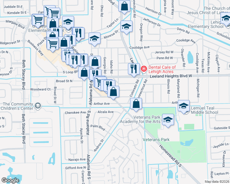 map of restaurants, bars, coffee shops, grocery stores, and more near 13 Arkansas Road in Lehigh Acres