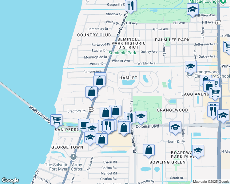 map of restaurants, bars, coffee shops, grocery stores, and more near 1450 Park Shore Circle in Fort Myers