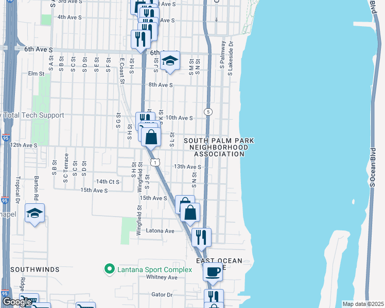 map of restaurants, bars, coffee shops, grocery stores, and more near 1205 South N Street in Lake Worth