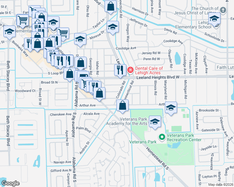 map of restaurants, bars, coffee shops, grocery stores, and more near 706 Buchanan Avenue in Lehigh Acres
