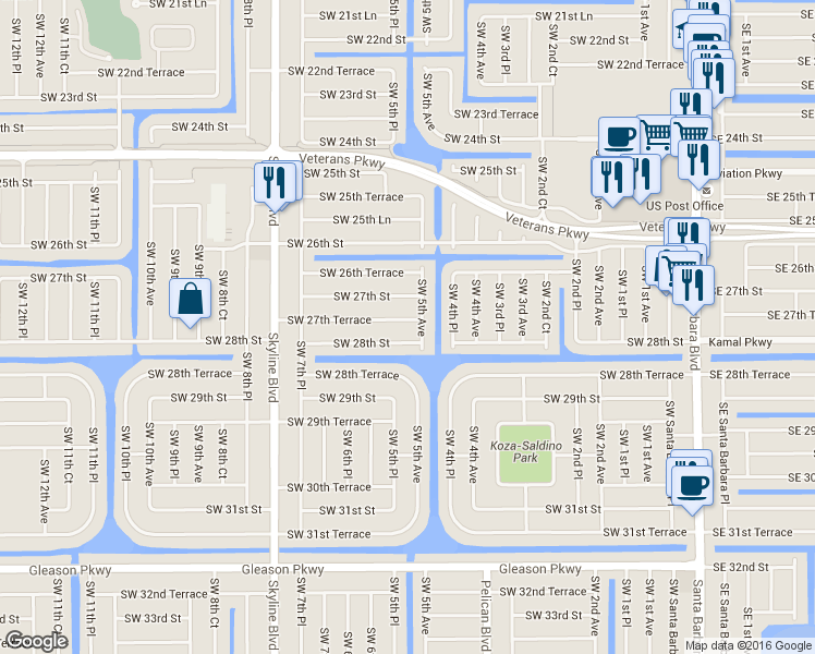map of restaurants, bars, coffee shops, grocery stores, and more near 508 Southwest 27th Terrace in Cape Coral