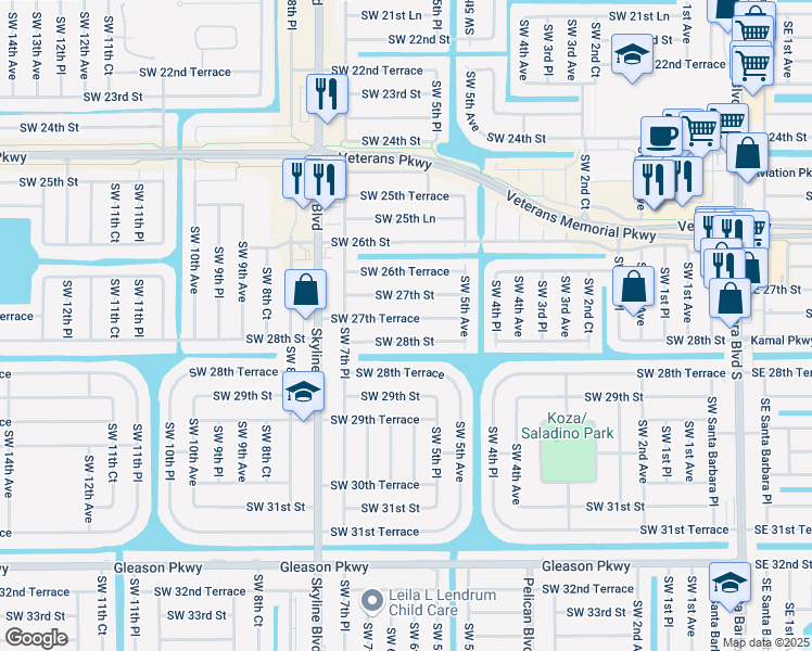 map of restaurants, bars, coffee shops, grocery stores, and more near 528 Southwest 27th Terrace in Cape Coral