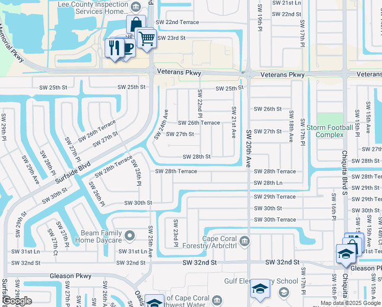 map of restaurants, bars, coffee shops, grocery stores, and more near 2245 Southwest 28th Street in Cape Coral