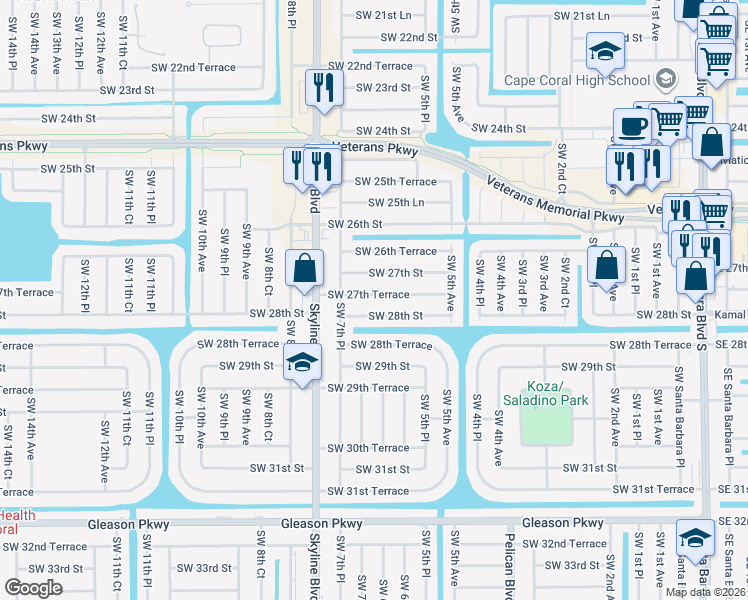 map of restaurants, bars, coffee shops, grocery stores, and more near 622 Southwest 27th Terrace in Cape Coral