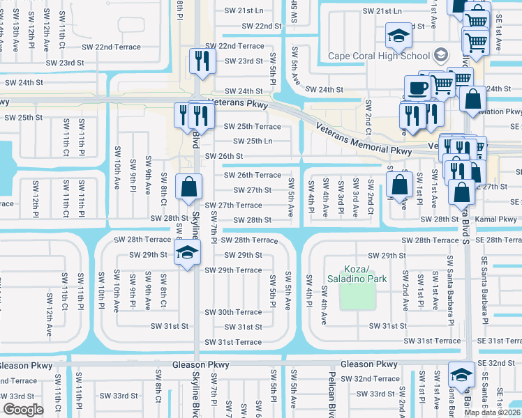 map of restaurants, bars, coffee shops, grocery stores, and more near 528 Southwest 27th Terrace in Cape Coral