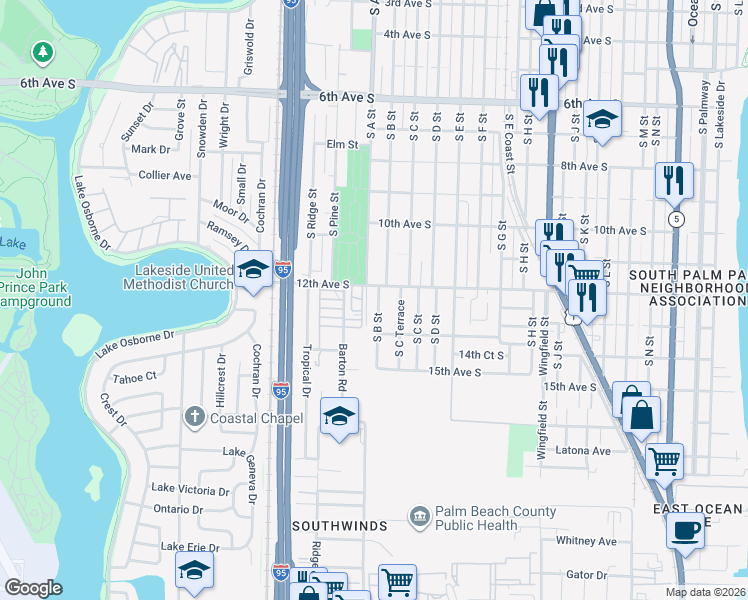 map of restaurants, bars, coffee shops, grocery stores, and more near 1211 South B Street in Lake Worth