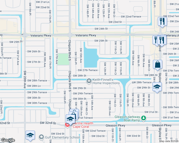 map of restaurants, bars, coffee shops, grocery stores, and more near 1328 Southwest 27th Terrace in Cape Coral