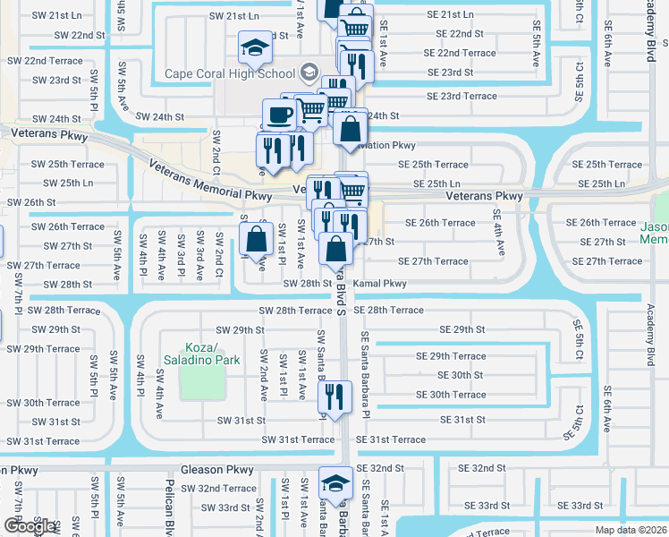 map of restaurants, bars, coffee shops, grocery stores, and more near 2722 Santa Barbara Boulevard in Cape Coral
