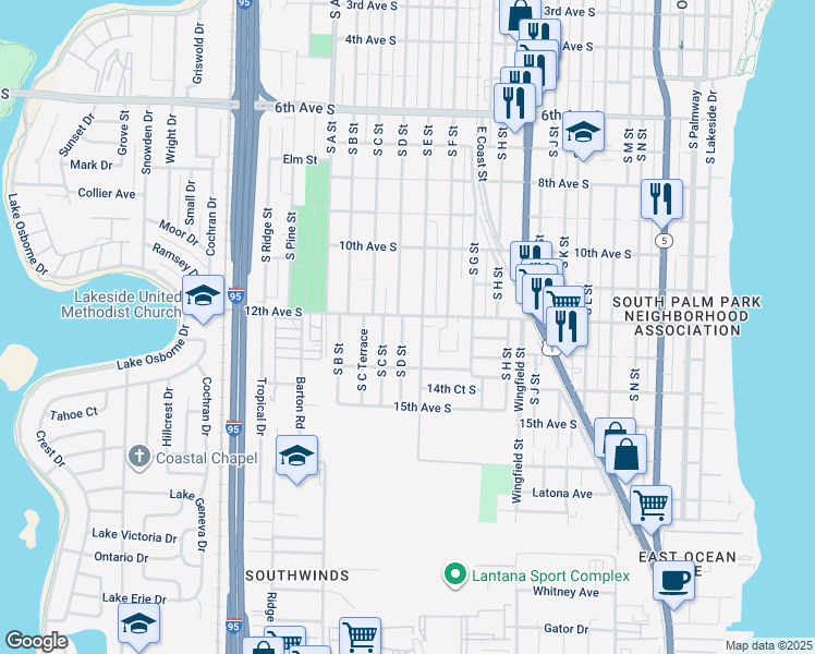 map of restaurants, bars, coffee shops, grocery stores, and more near 1214 South D Street in Lake Worth