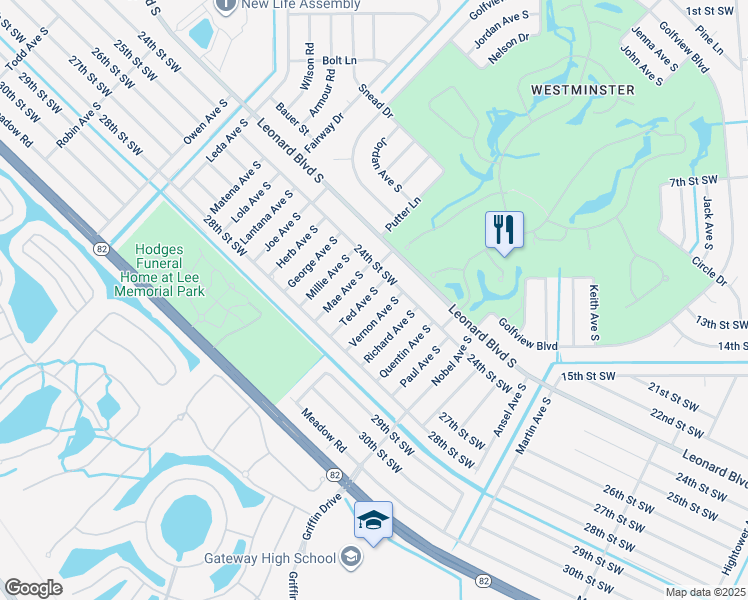 map of restaurants, bars, coffee shops, grocery stores, and more near 2408 Vernon Avenue South in Lehigh Acres