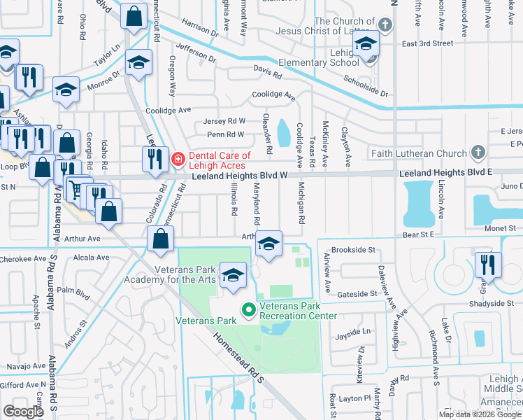 map of restaurants, bars, coffee shops, grocery stores, and more near 18 Maryland Road in Lehigh Acres