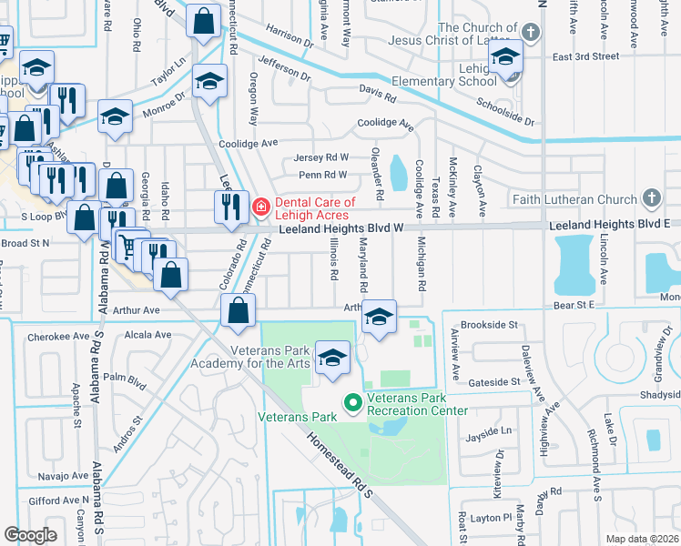 map of restaurants, bars, coffee shops, grocery stores, and more near 18 Illinois Road in Lehigh Acres