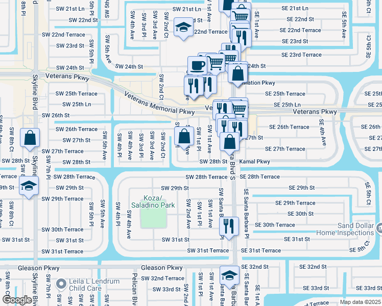 map of restaurants, bars, coffee shops, grocery stores, and more near 2719 Southwest 2nd Avenue in Cape Coral