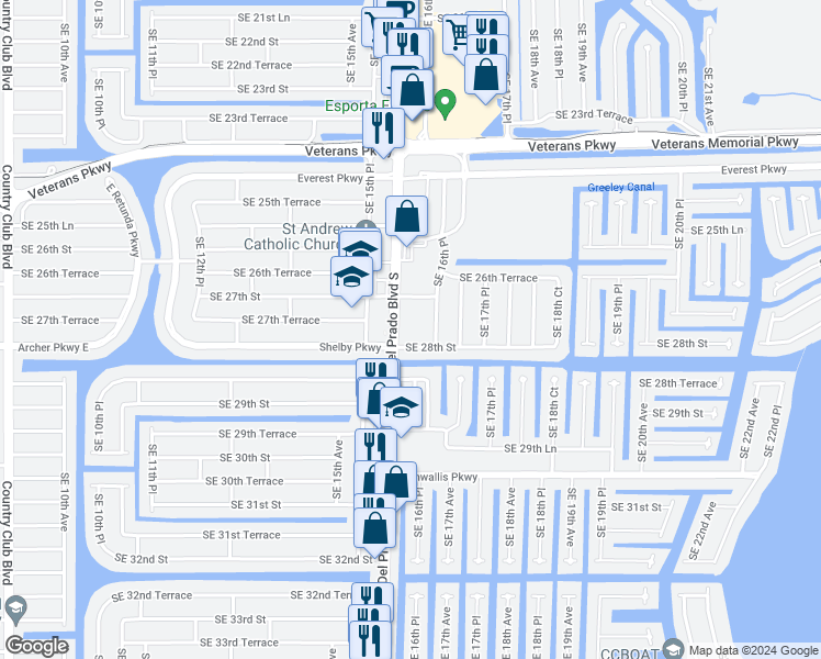 map of restaurants, bars, coffee shops, grocery stores, and more near 2721 Del Prado Boulevard South in Cape Coral