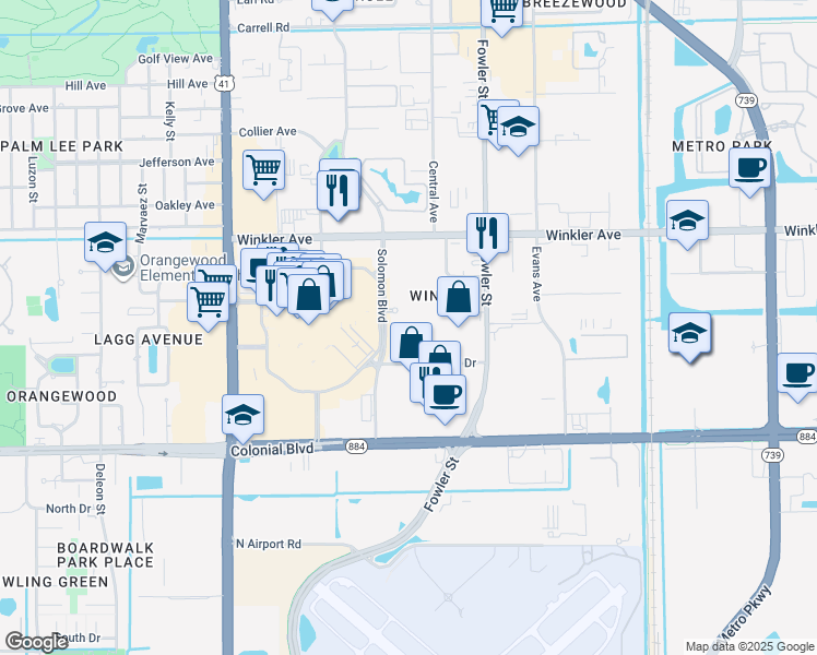 map of restaurants, bars, coffee shops, grocery stores, and more near 4149 Solomon Boulevard in Fort Myers