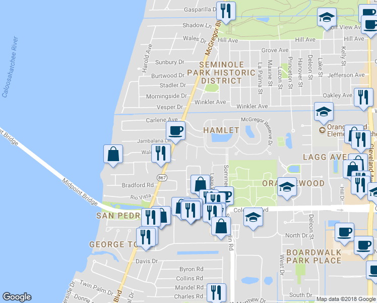 map of restaurants, bars, coffee shops, grocery stores, and more near 1440 Park Shore Circle in Fort Myers